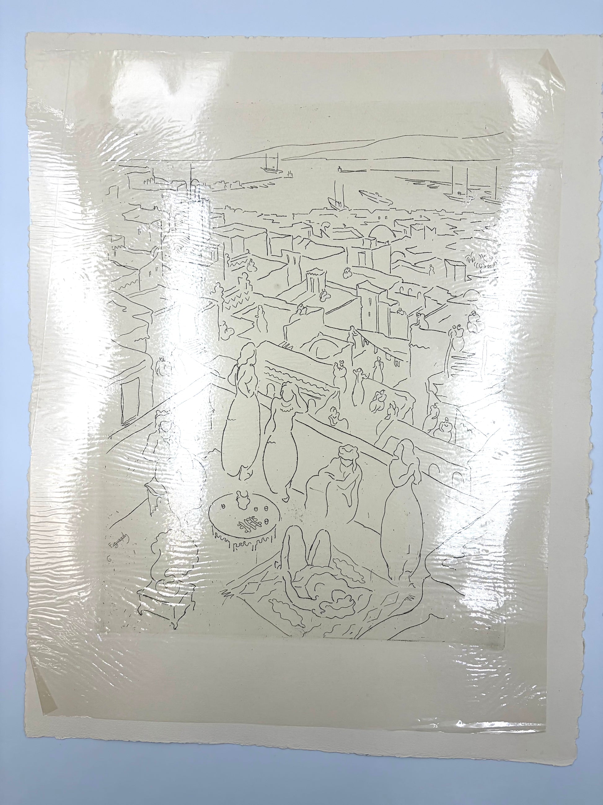 Etching of 'Du Haut de la Terrasse' from the art portfolio 'Images d'Alger' by Alfred Figueras and Andre Gide. 