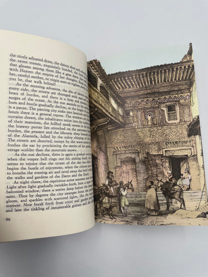 Random page 96 with text and 97 with illustration of locals in a street from 'Tales of the Alhambra' by Washington Irving.