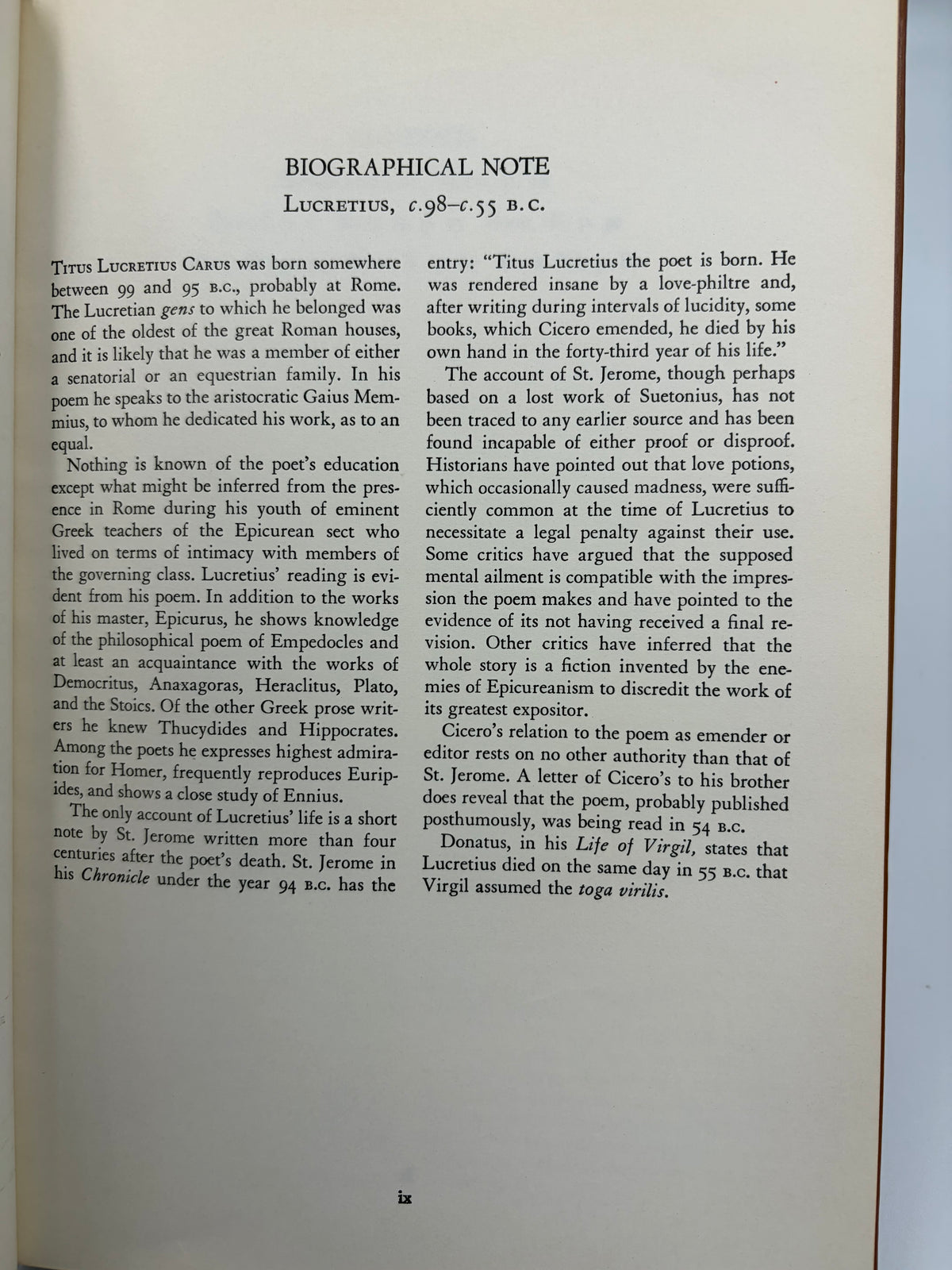 Page ix titled 'Biographical Note Lucretius, c.98-c.55 B.C. from the book 'Lucretius, Epictetus and Marcus Aurelius'.