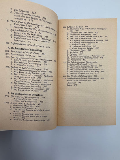 Contents page continued from volume one of ‘A Study of History’ by Arnold J.Toynbee - 2 Volume Abridged Set