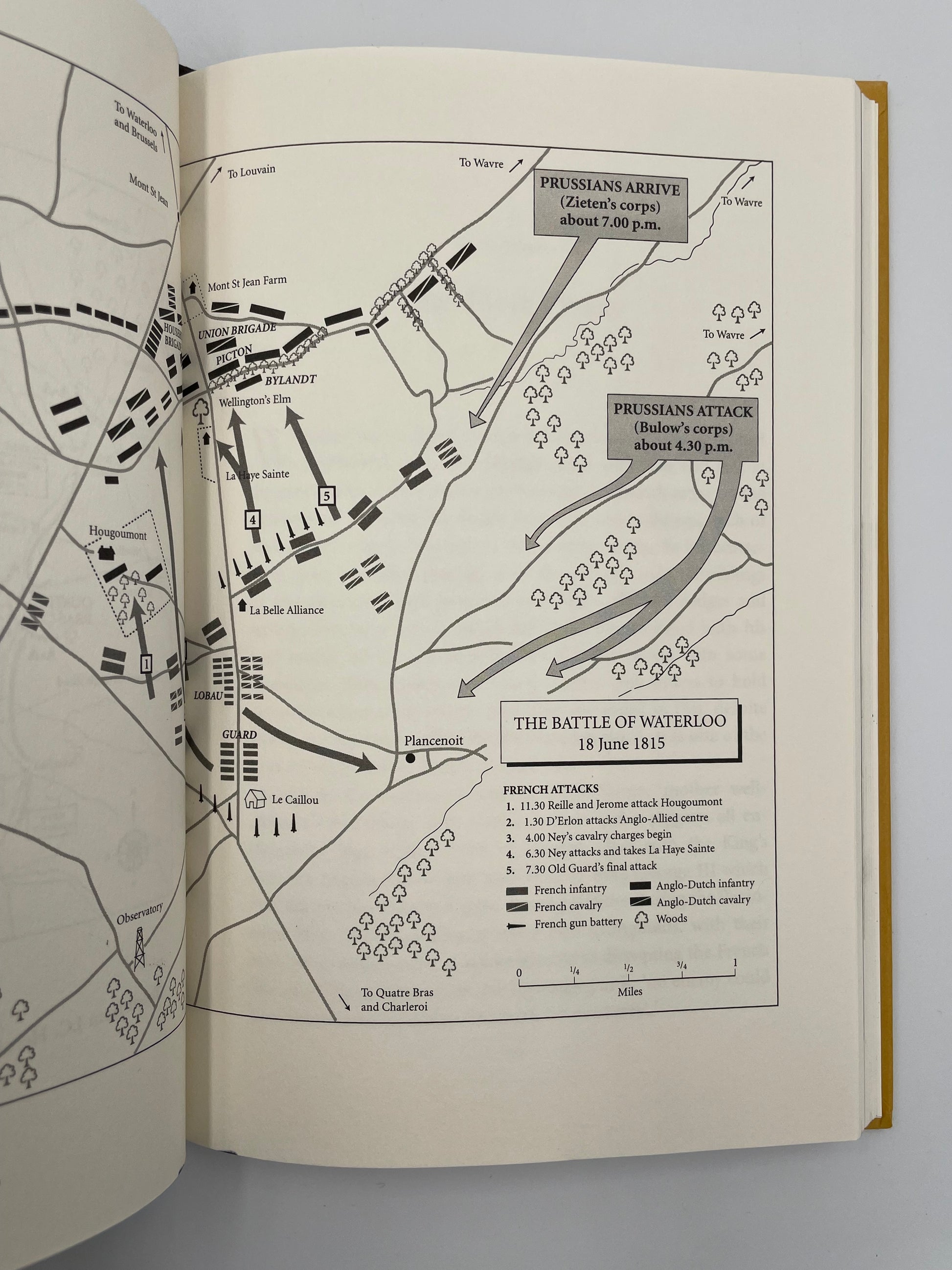 Open book with a map of the Battle of Waterloo on a white background from book, 'Waterloo' by Andrew Roberts.