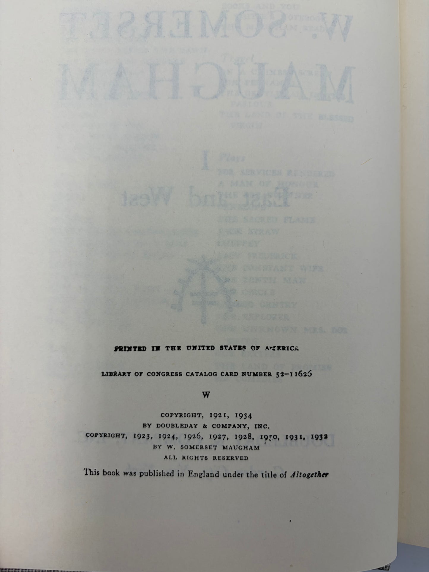 Copyright info page from 'The Complete Short Stories of W. Somerset Maugham'. 
