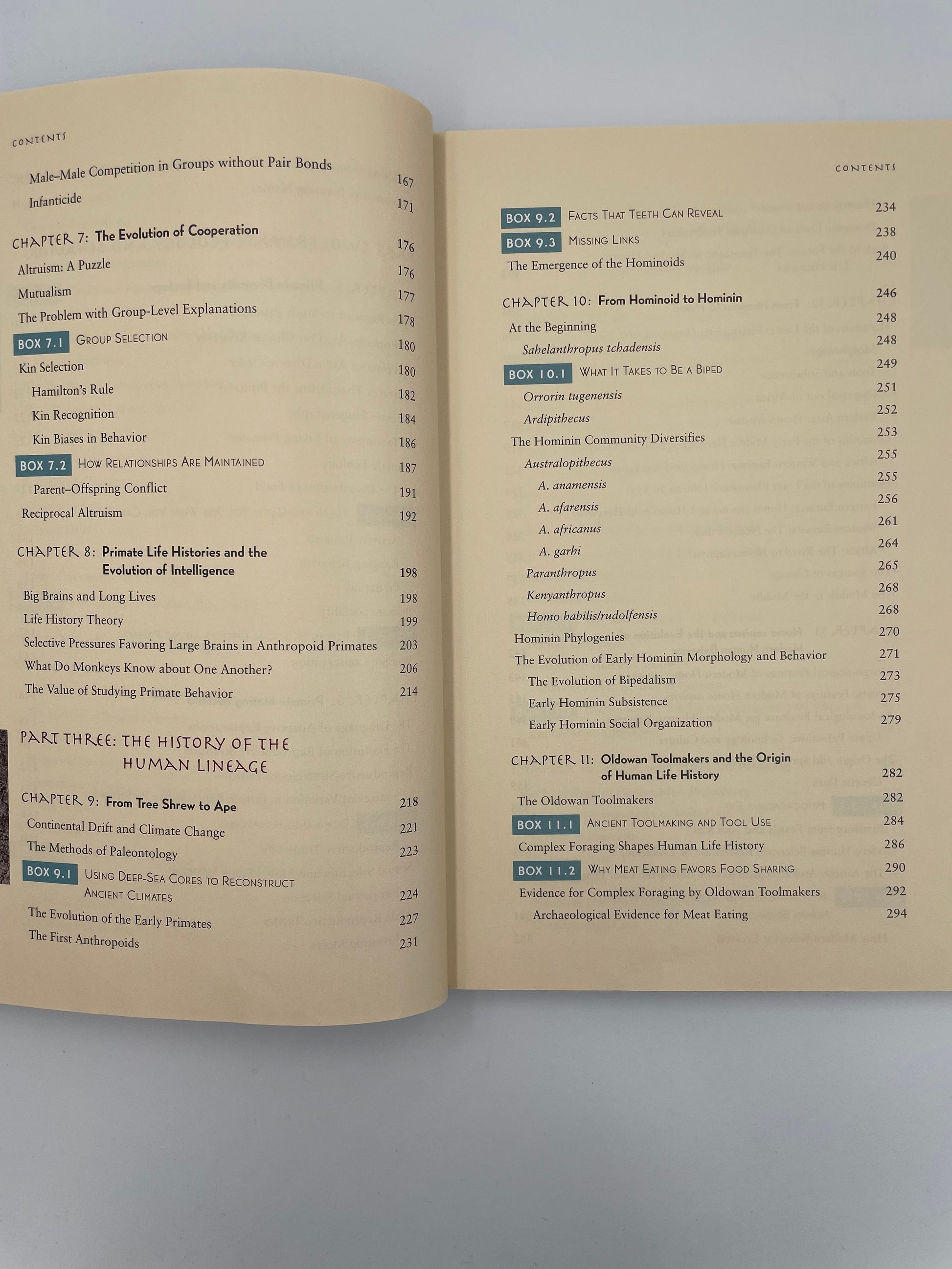 Table of contents page 4 and 5 of ‘How Humans Evolved’ by Robert Boyd & Joan B. Silk.