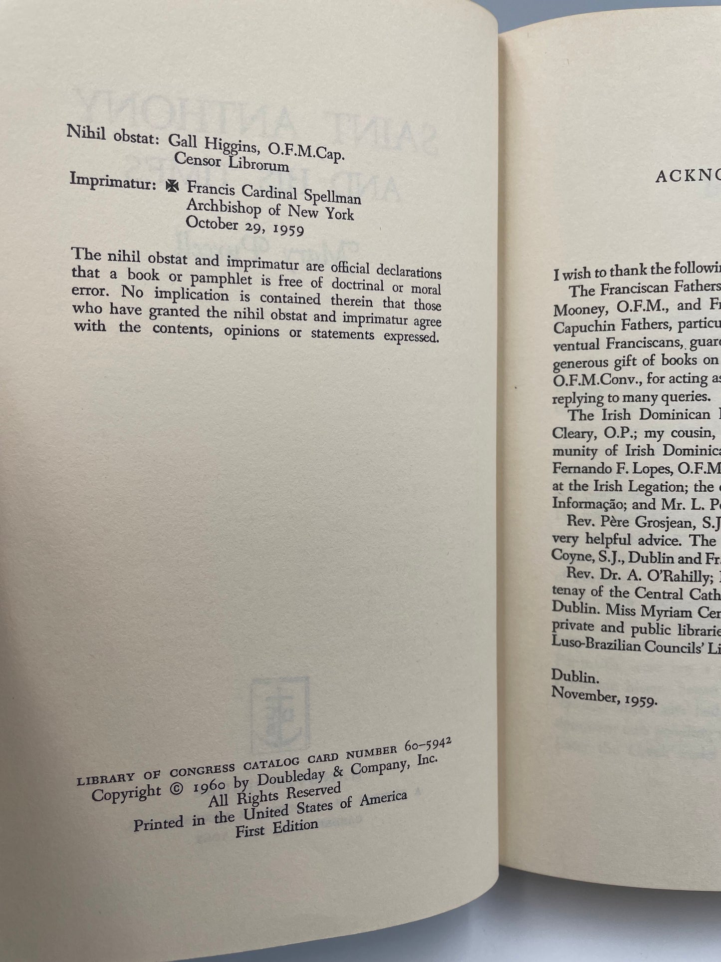 Publisher Information page from ‘ St. Anthony and his Times’ by Mary Purcell