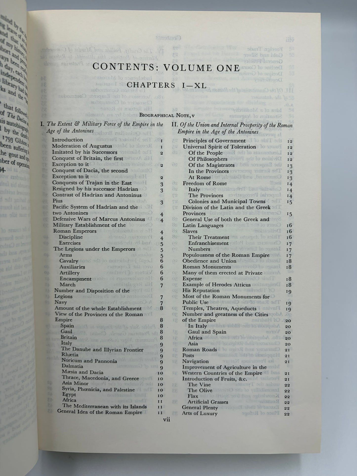 Table of contents page from Volume 1  from 'The Decline and Fall of the Roman Empire' 