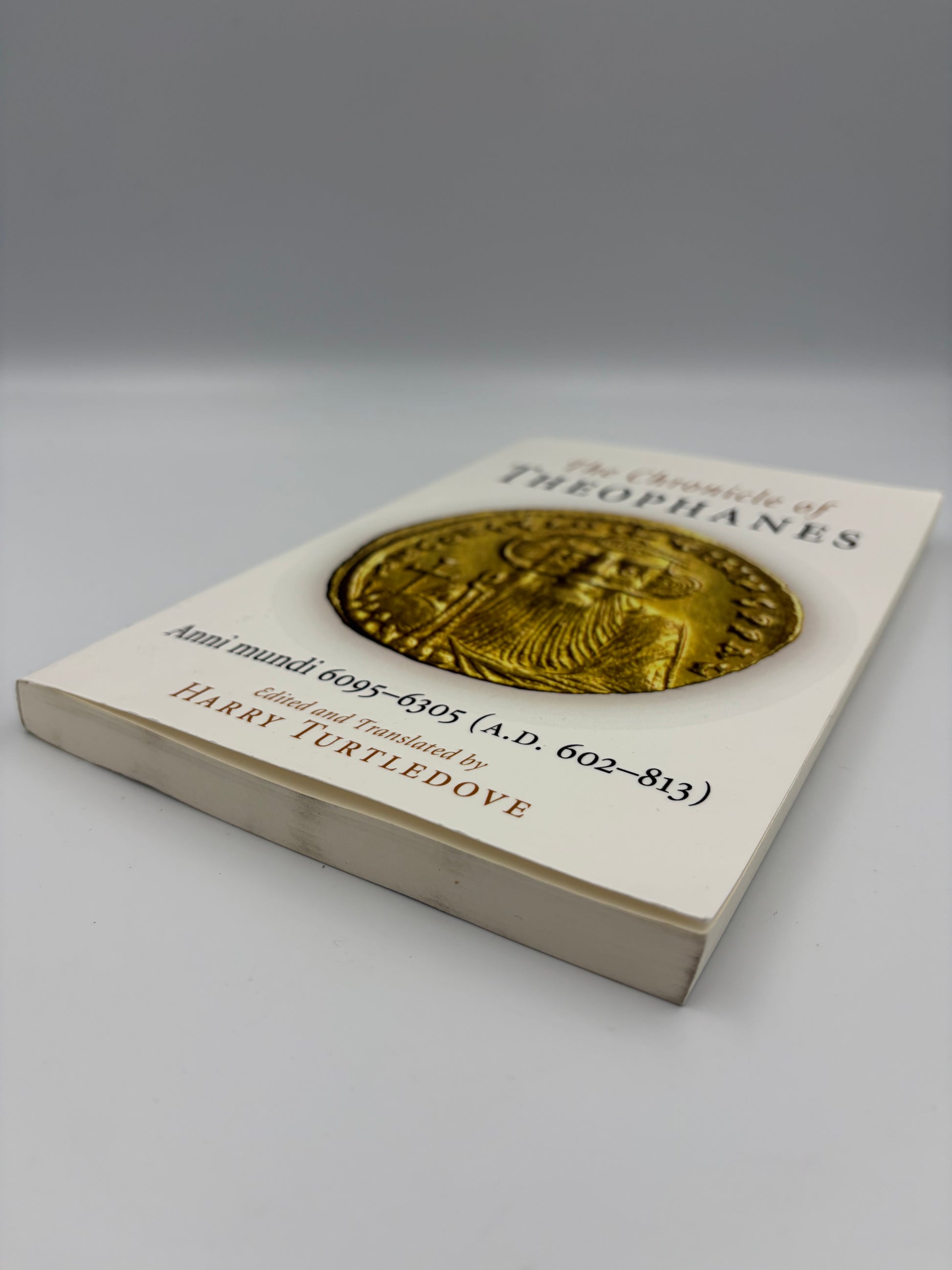 Angled view of book 'The Chronicle of Theophanes'. 