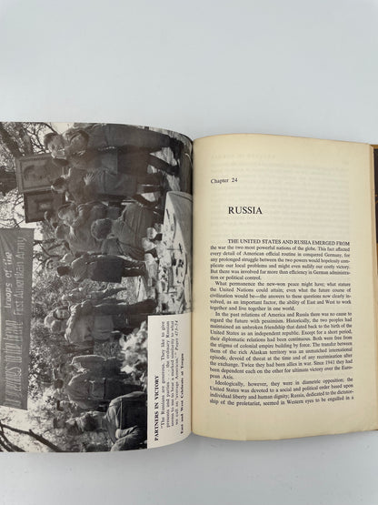 Photo of American and Russian soldiers greeting each other and page on Russia from "Dwight D. Eisenhower: Crusade in Europe".