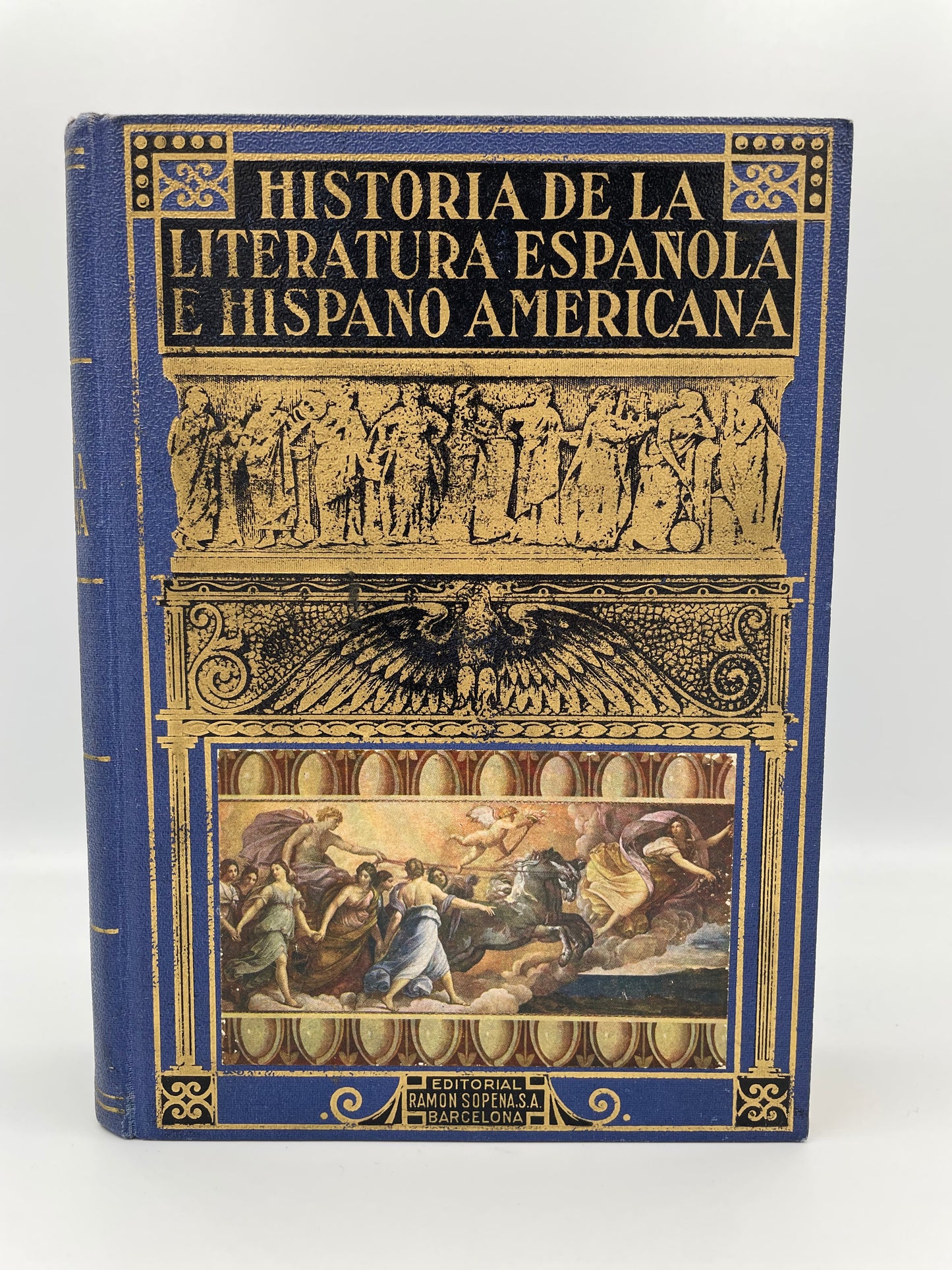 Decorative book cover with intricate designs and text on a white background of the book ‘Historia de la Literatura Española e Hispanoamericana’.