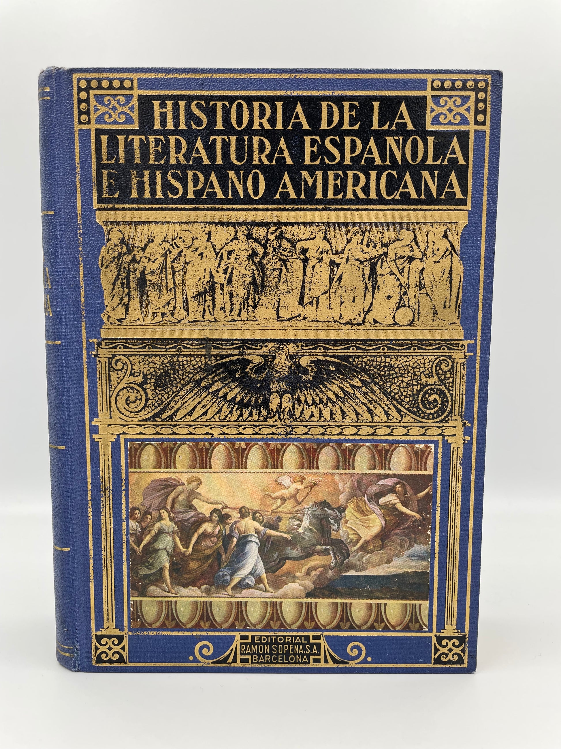 Decorative book cover with intricate designs and text on a white background of the book ‘Historia de la Literatura Española e Hispanoamericana’.