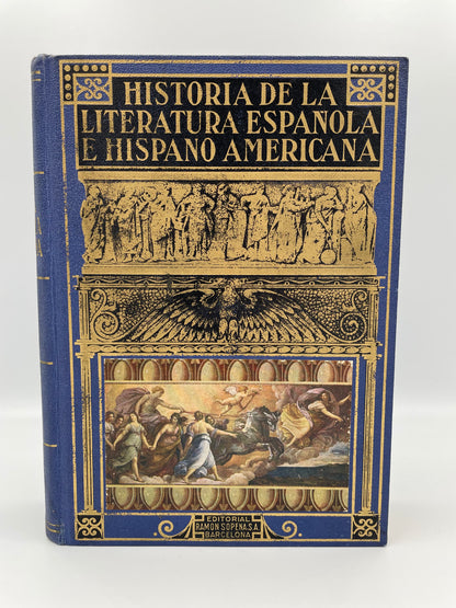 Decorative book cover with intricate designs and text on a white background of the book ‘Historia de la Literatura Española e Hispanoamericana’.