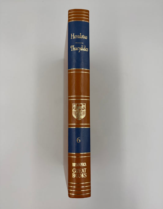 Hardcover elegant mid-century book spine view of 'The History of Herodotus and The History of the Peloponnesian War'. 