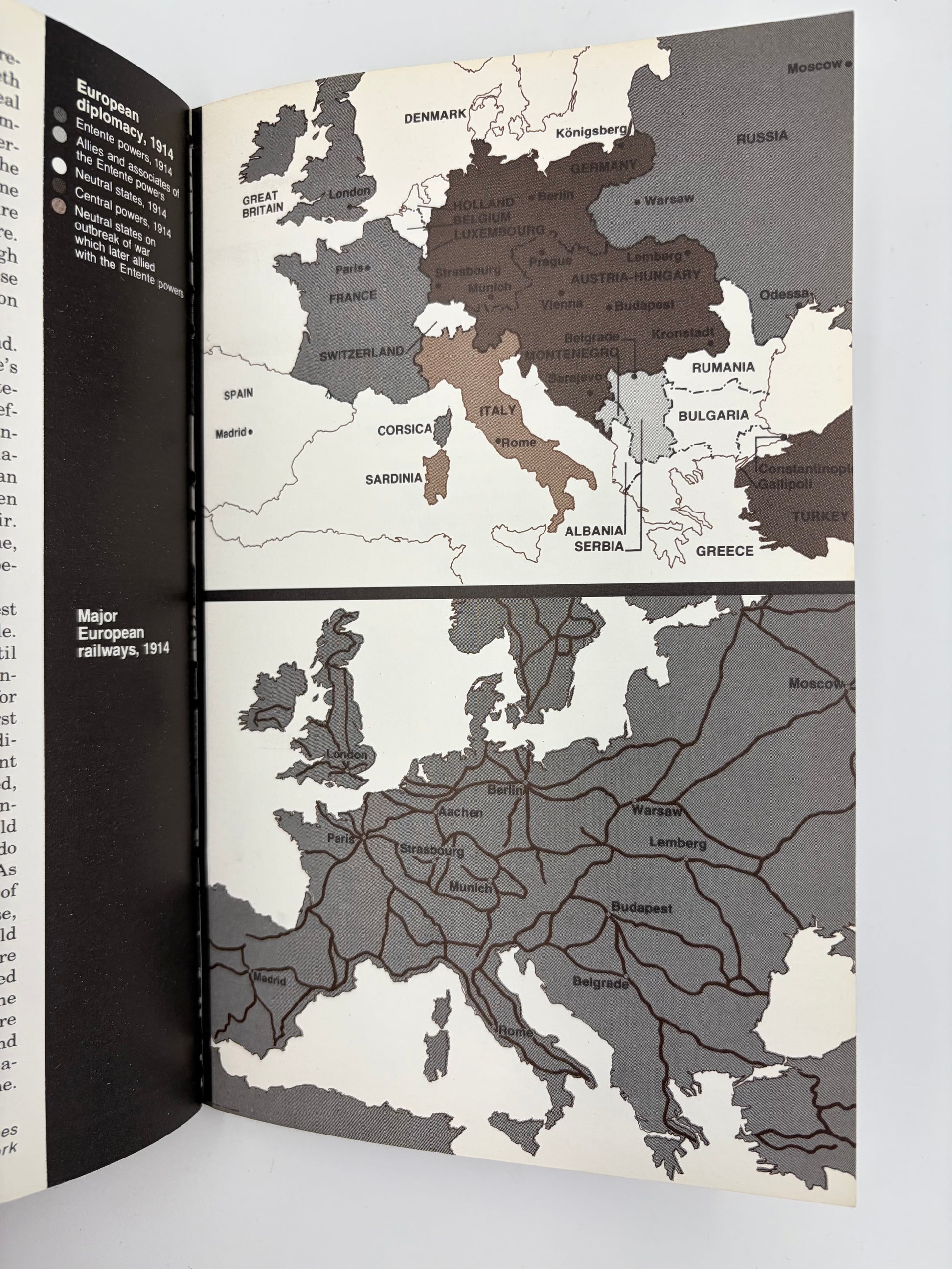 Page with map of European railway network and geopolitical alliances from the book ‘War By Time-Table — How the First World War Began’ by AJP Taylor