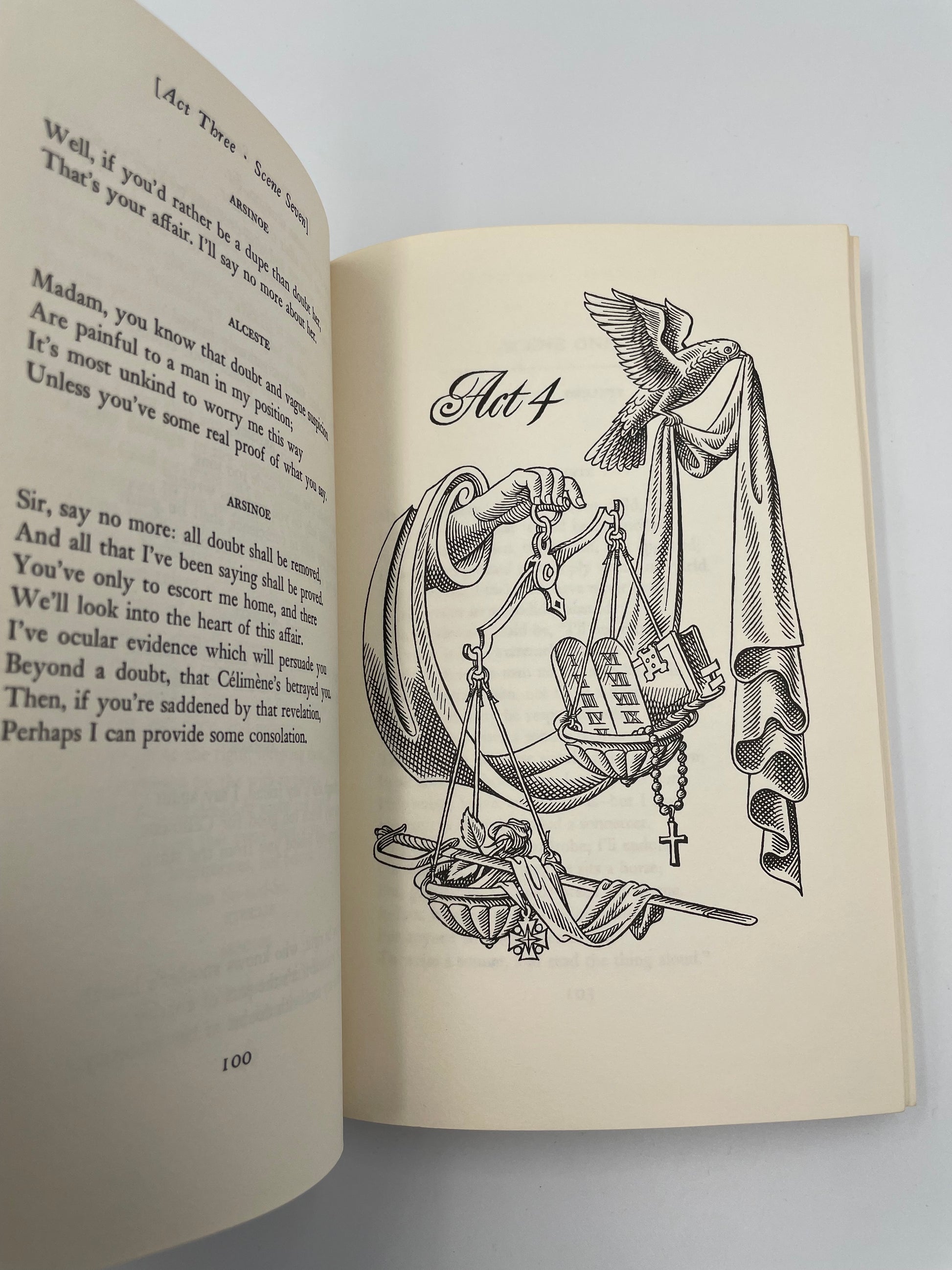 Act 4 page with a decorative illustration of a ship and text on a white background from ‘Molière: The Misanthrope and Tartuffe’.