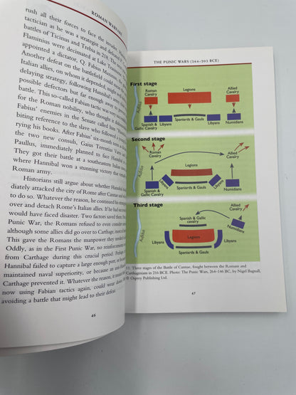 Page 46 and 47 with text and illustration of battle formations at the battle of Cannae from ‘Roman Warfare’ by Jonathan P. Roth.