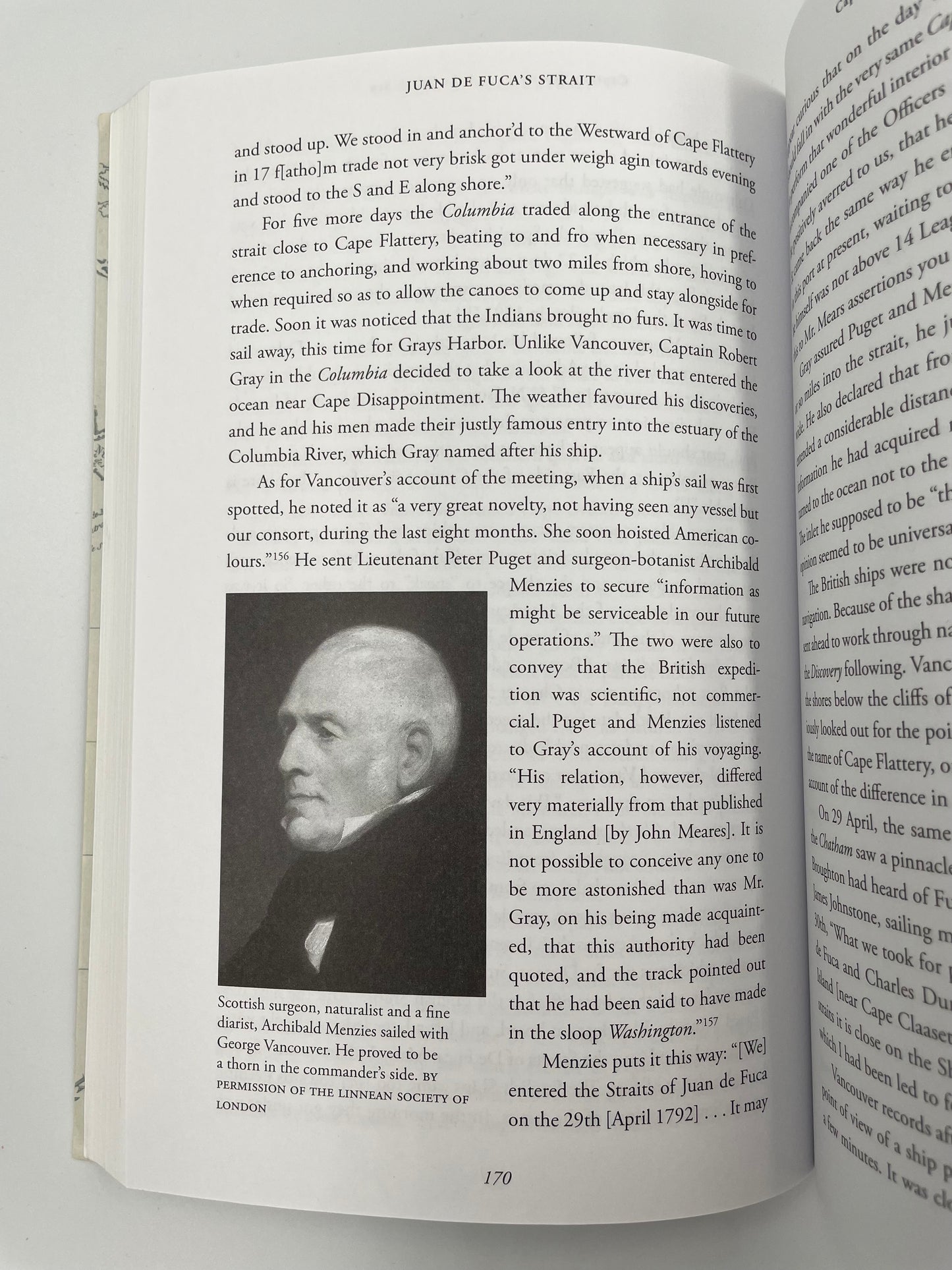 Page 170 with text and an image of Archibald Menzies who sailed with George Vancouver from ‘Juan de Fuca's Strait’ by Barry Gough