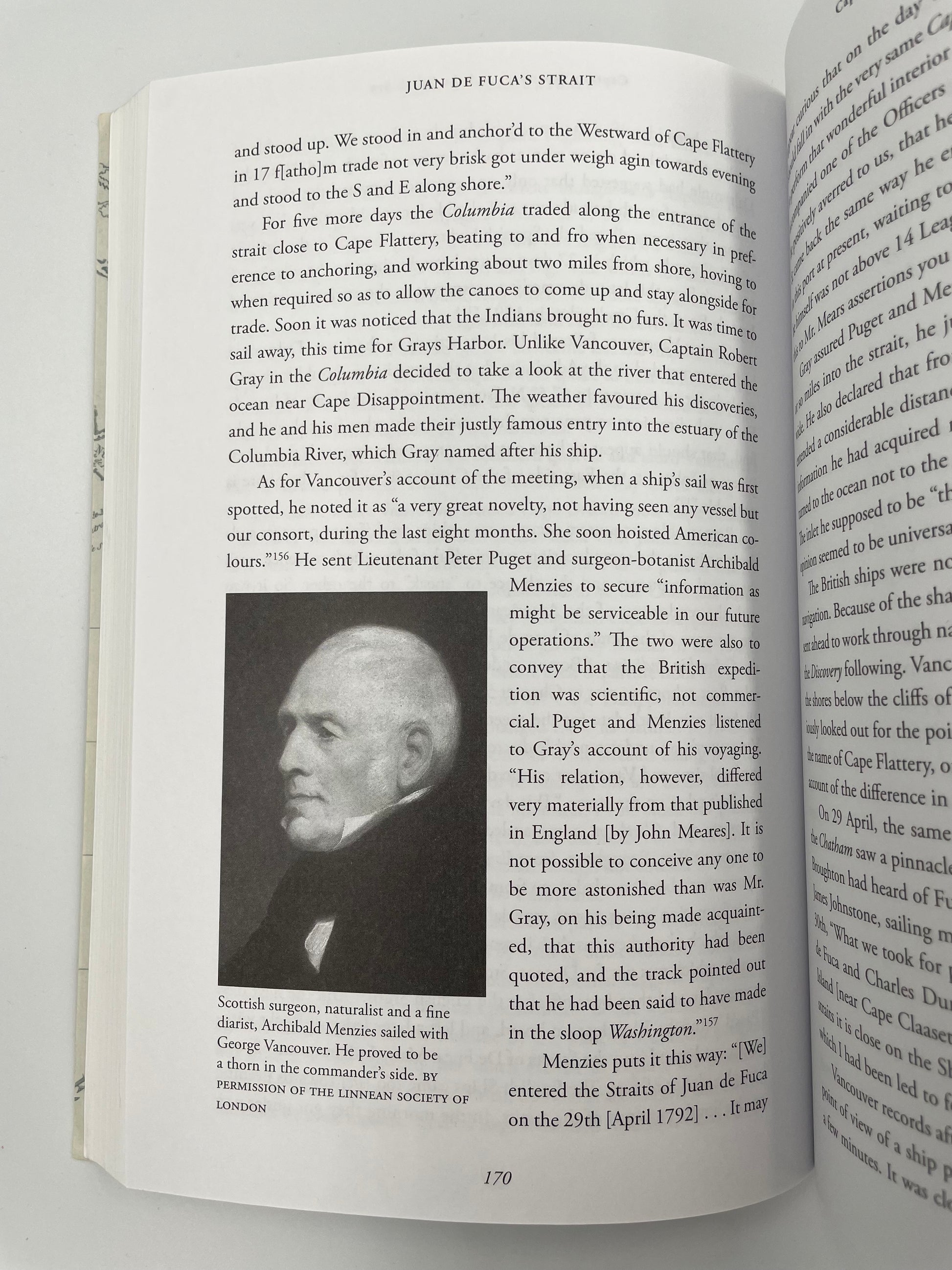 Page 170 with text and an image of Archibald Menzies who sailed with George Vancouver from ‘Juan de Fuca's Strait’ by Barry Gough