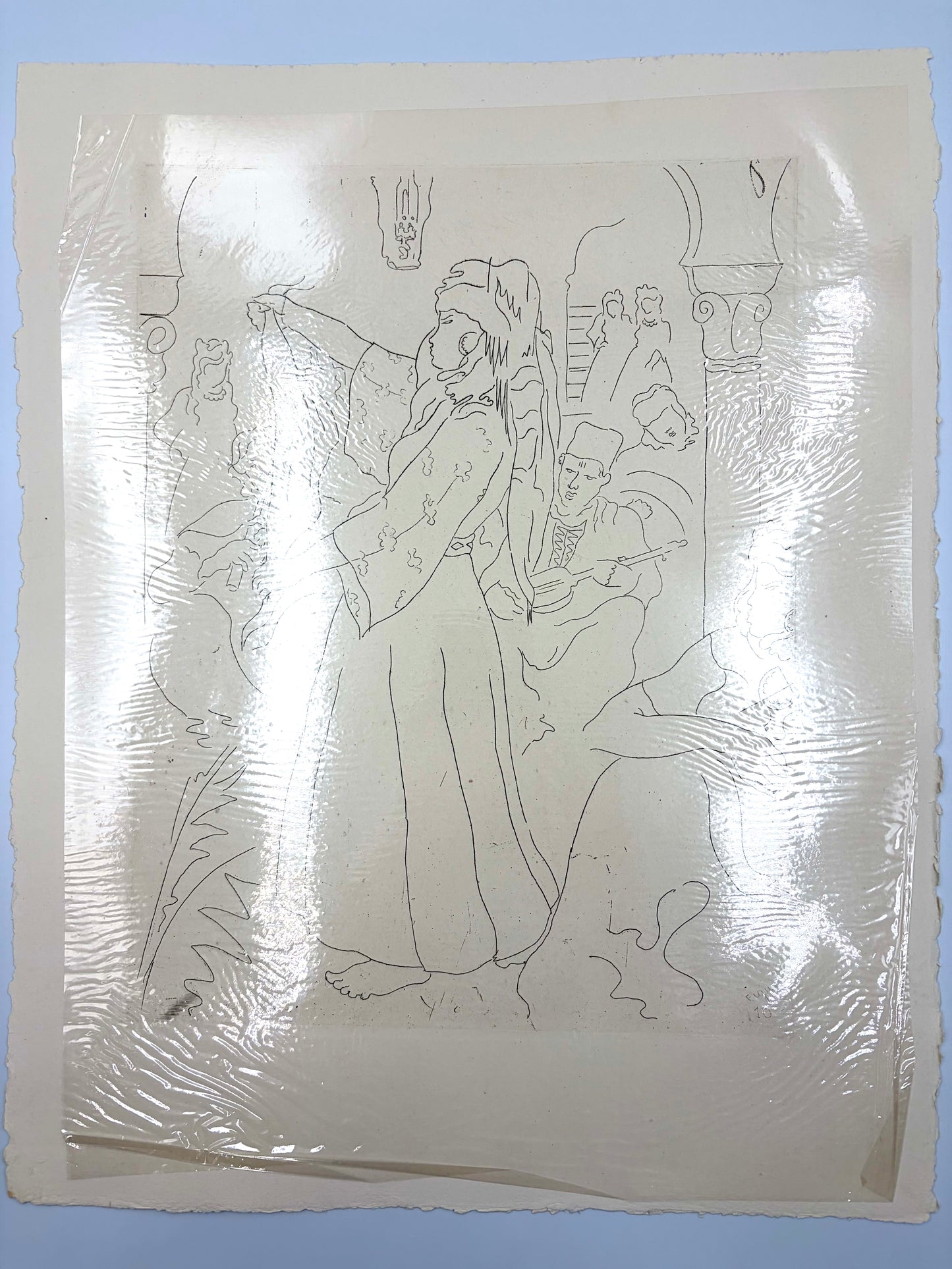 Etching of 'Les Ouled Dansent' from the art portfolio 'Images d'Alger' by Alfred Figueras and Andre Gide. 