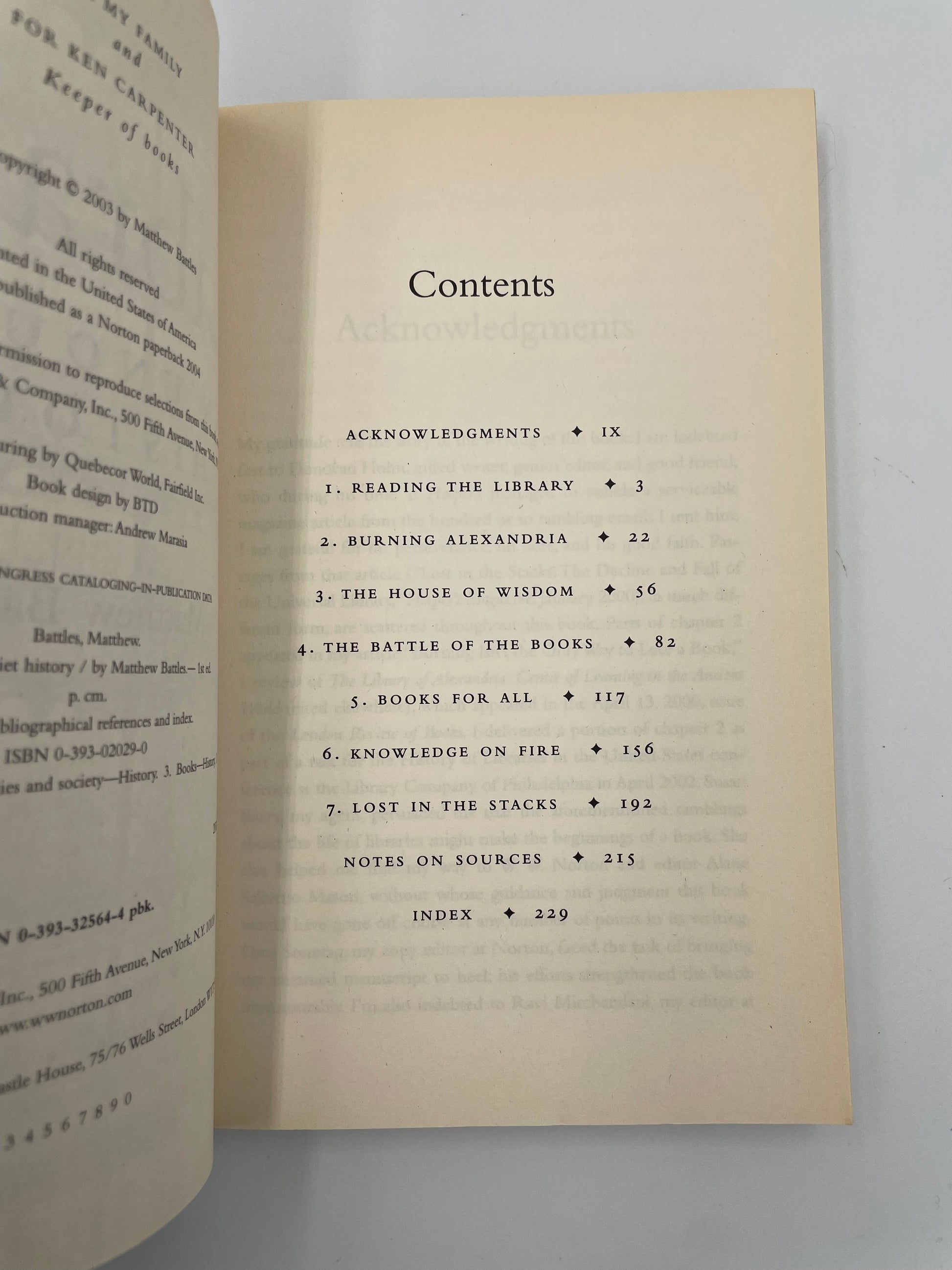 Table of contents page of  'Library: An Unquiet History' by Matthew Battles.