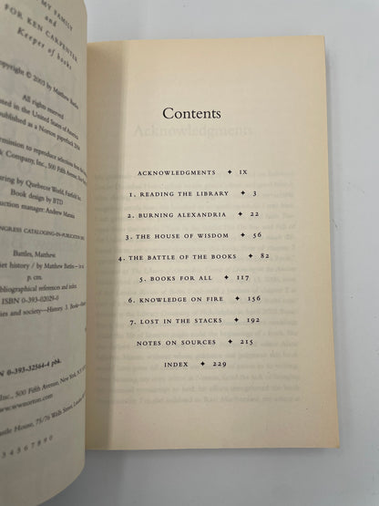 Table of contents page of  'Library: An Unquiet History' by Matthew Battles.