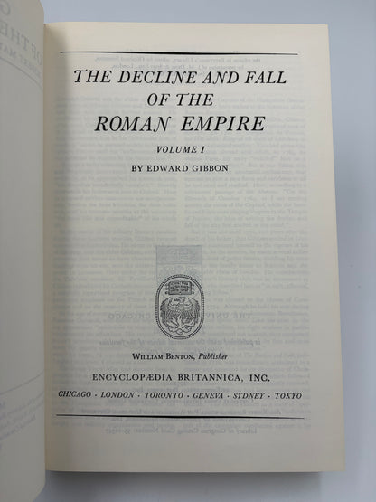 Title page of the book 'The Decline and Fall of the Roman Empire, Volume I' by Edward Gibbon, published by Encyclopédia Britannica, Inc.