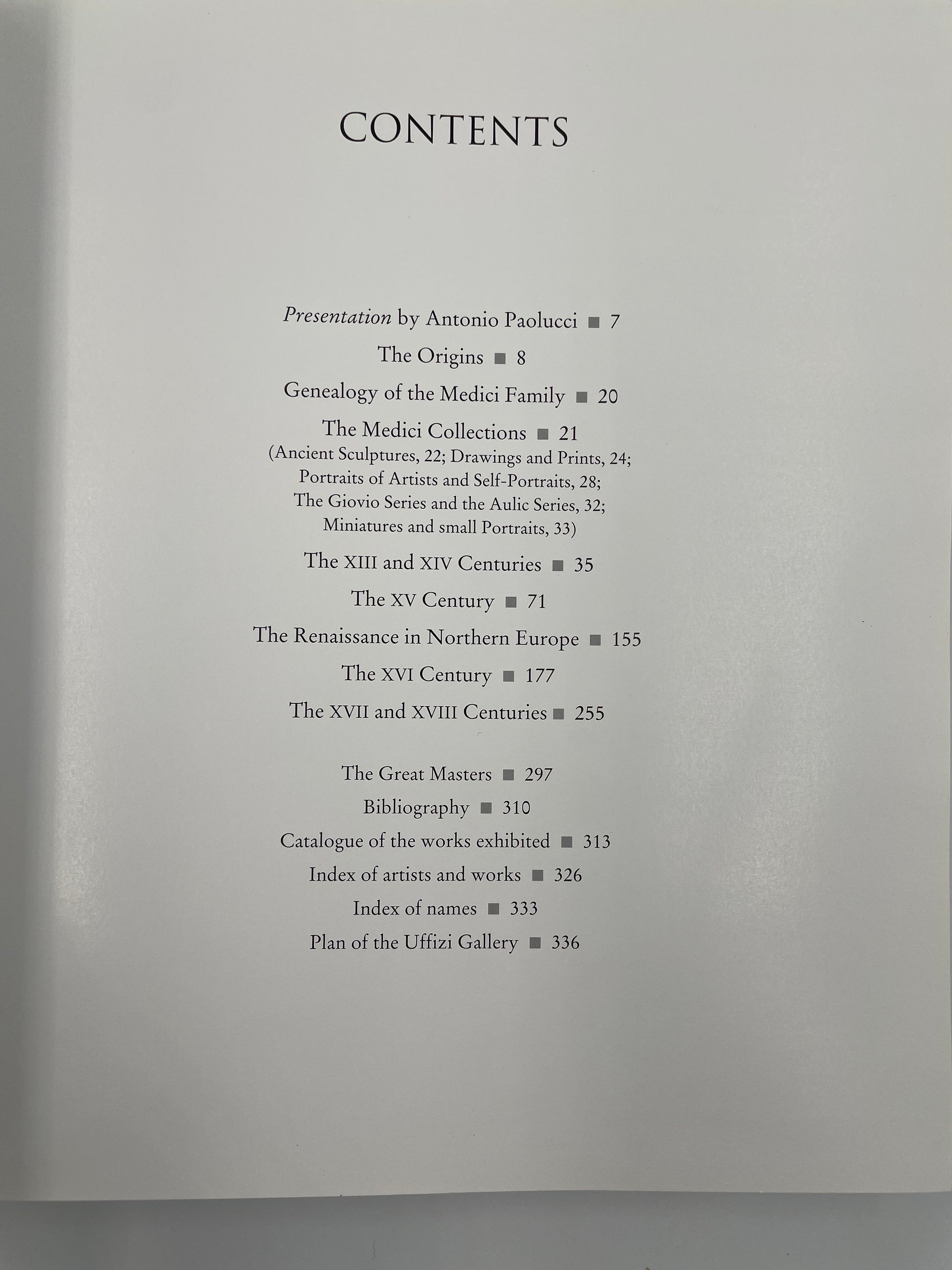Contents page of Uffizi Gallery Art History Collections by Gloria Fossi