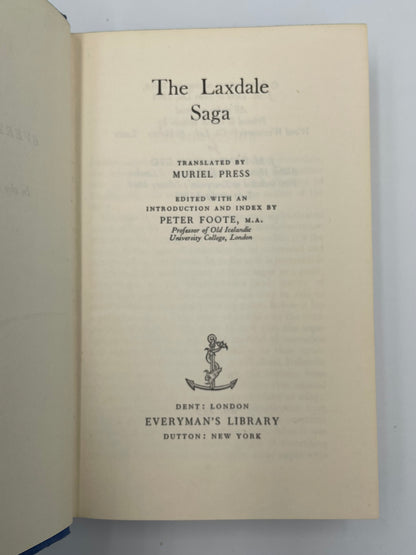 Title page of a book titled 'The Laxdale Saga' with text and an emblem on a plain background.