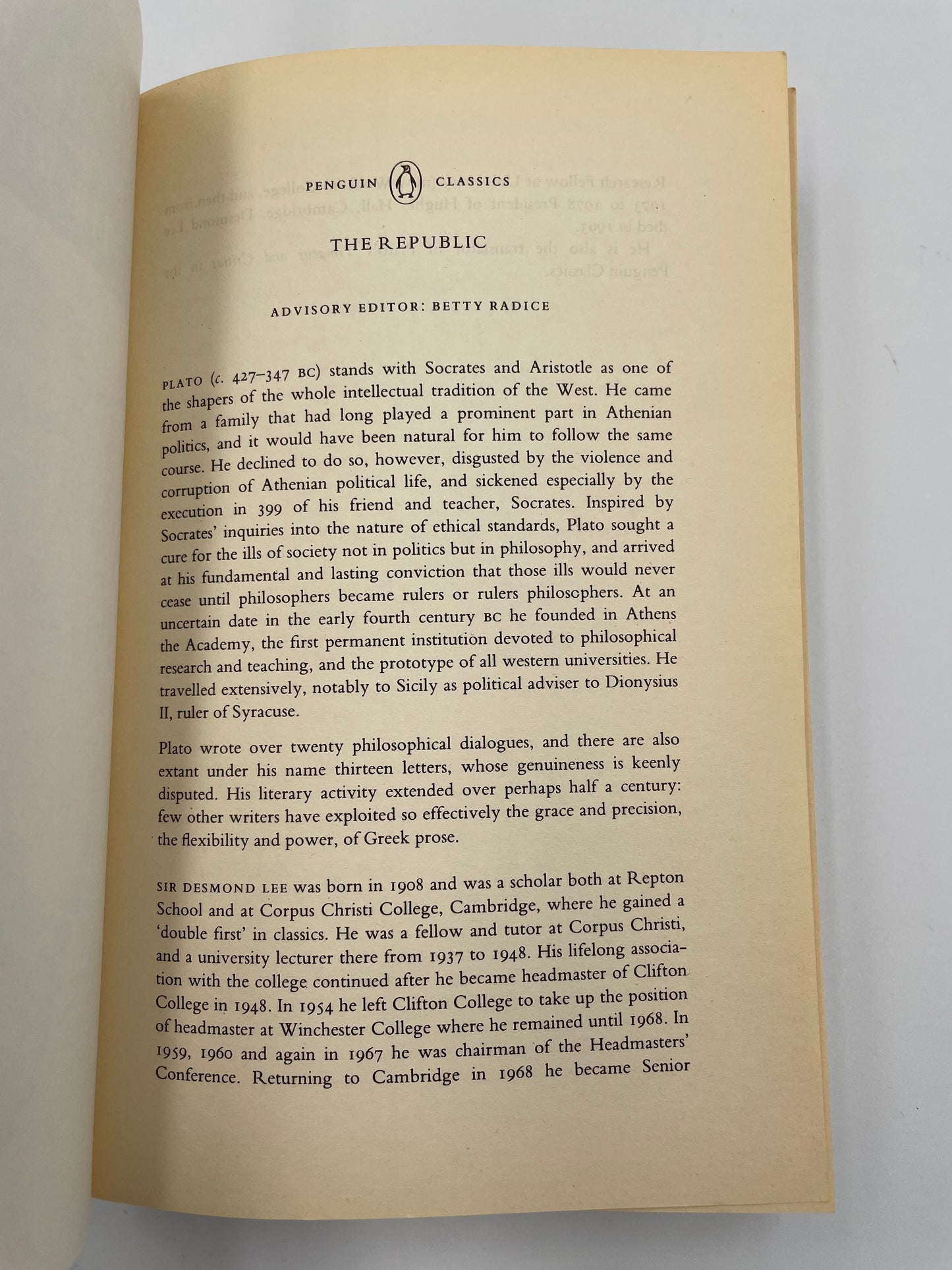 Page from the advisory editor from ‘The Republic’ by Plato.