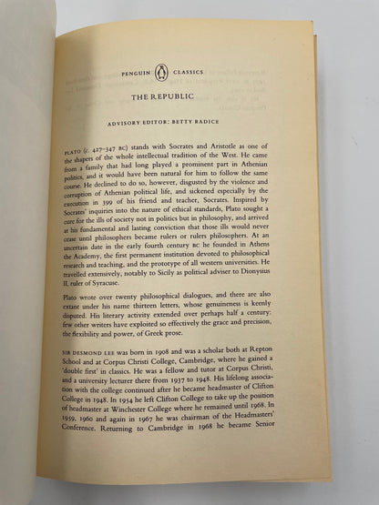 Page from the advisory editor from ‘The Republic’ by Plato.