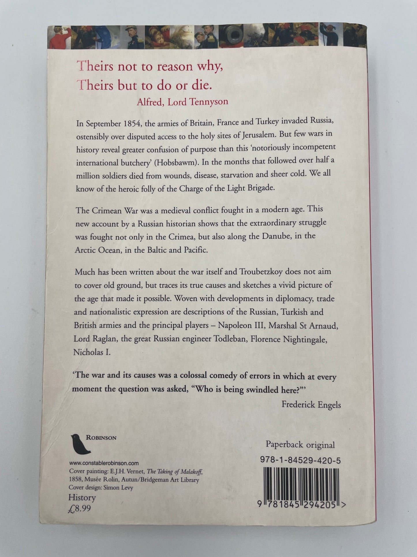 Back cover of a book with text and a barcode of A Brief History of the Crimean War by Alexis Troubetzkoy.