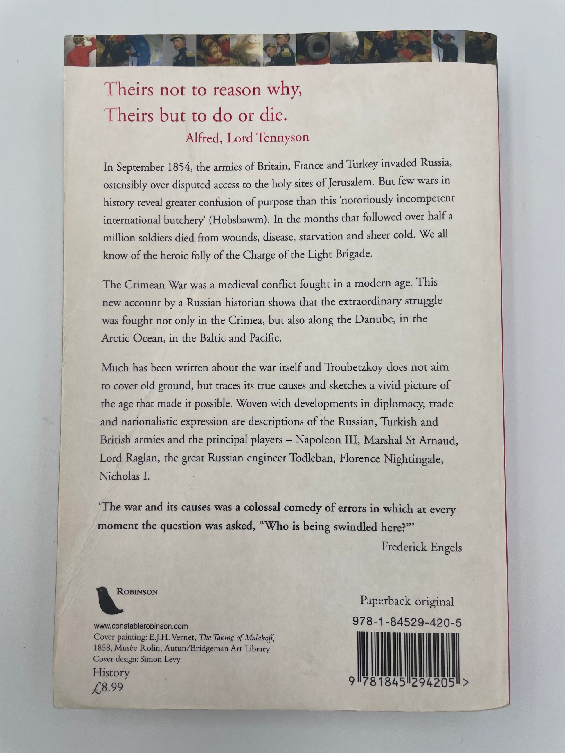 Back cover of a book with text and a barcode of A Brief History of the Crimean War by Alexis Troubetzkoy.