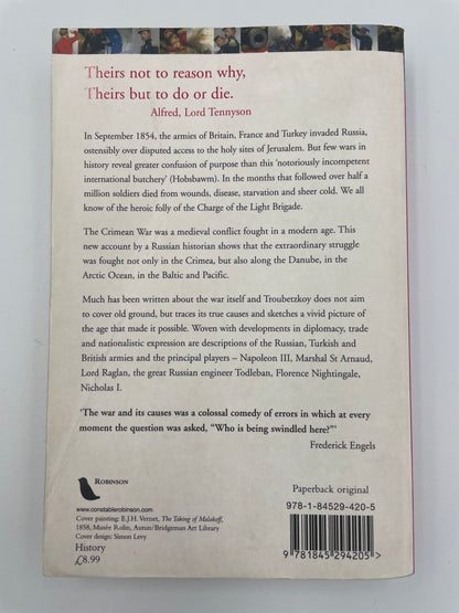 Back cover of a book with text and a barcode of A Brief History of the Crimean War by Alexis Troubetzkoy.