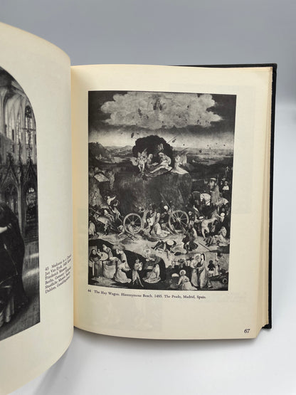 Open book with black and white photographs on a gray background from 'Christianity in Art' by Frank and Dorothy Getlein.