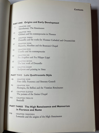 Contents page of "The Renaissance and Mannerism in Italy"