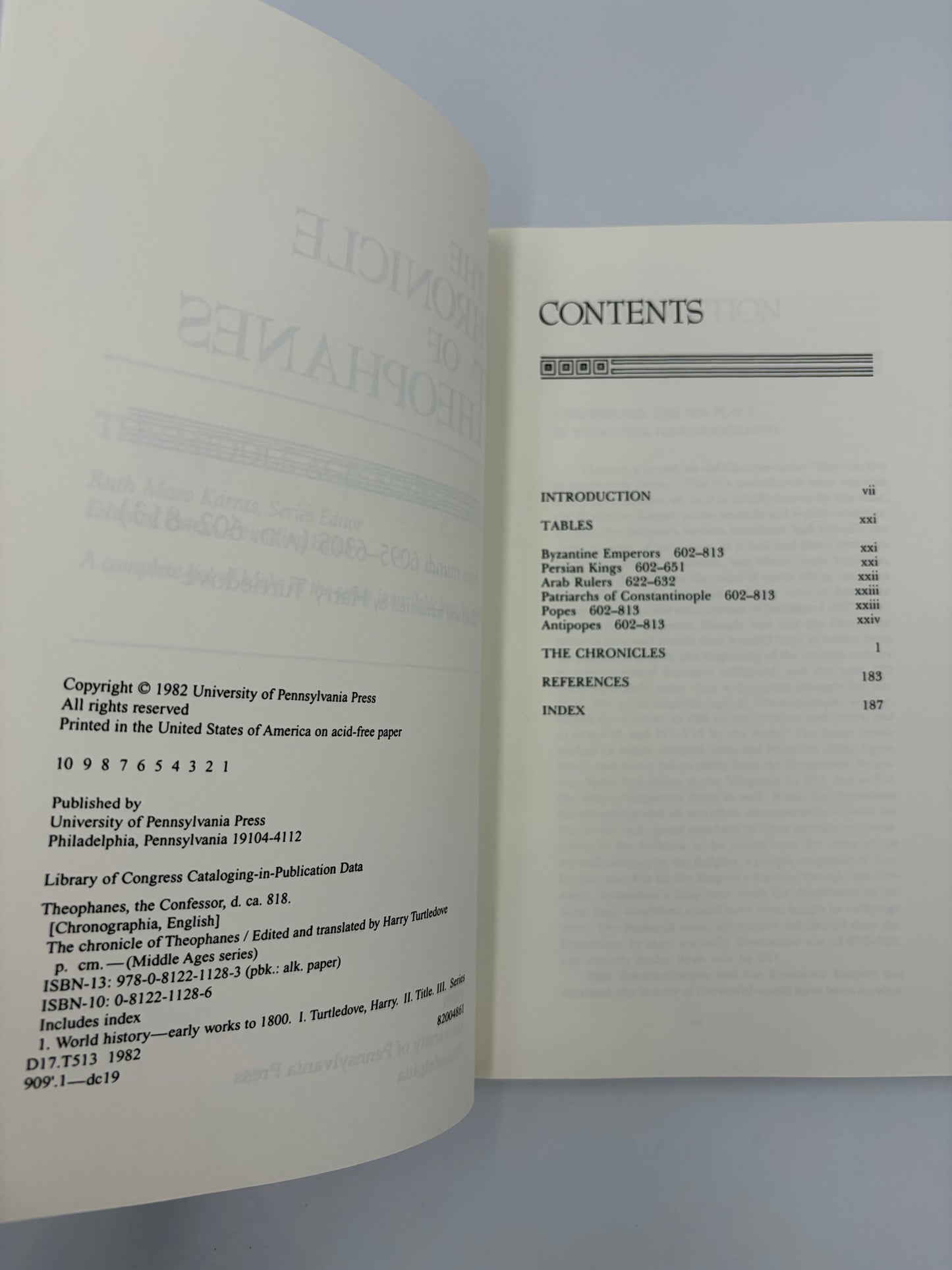 Pages showing copyright info and table of contents of 'The Chronicle of Theophanes'.