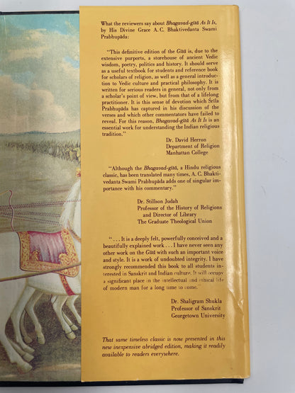 Inside back cover dust jacket with info from the book ‘Bhagavad-Gita As It Is’.