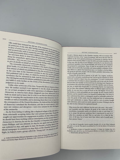Opne pages from "Democracy in America" by Alexis De Toqueville (Ed. Harvey C. Mansfield and Delba Winthrop). 