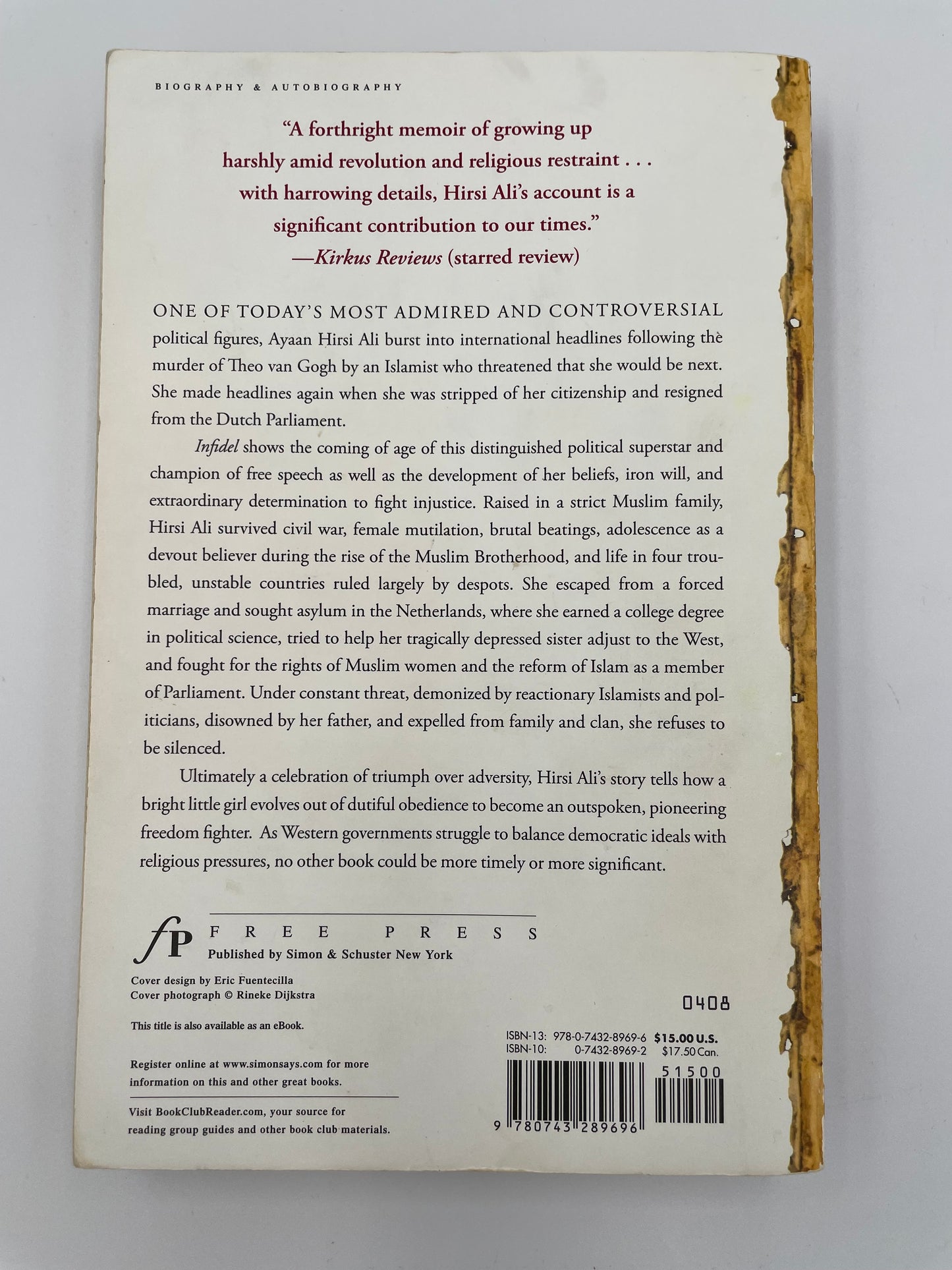Back cover of ‘Infidel’ by Ayaan Hirsi Ali with text and a barcode on a white background