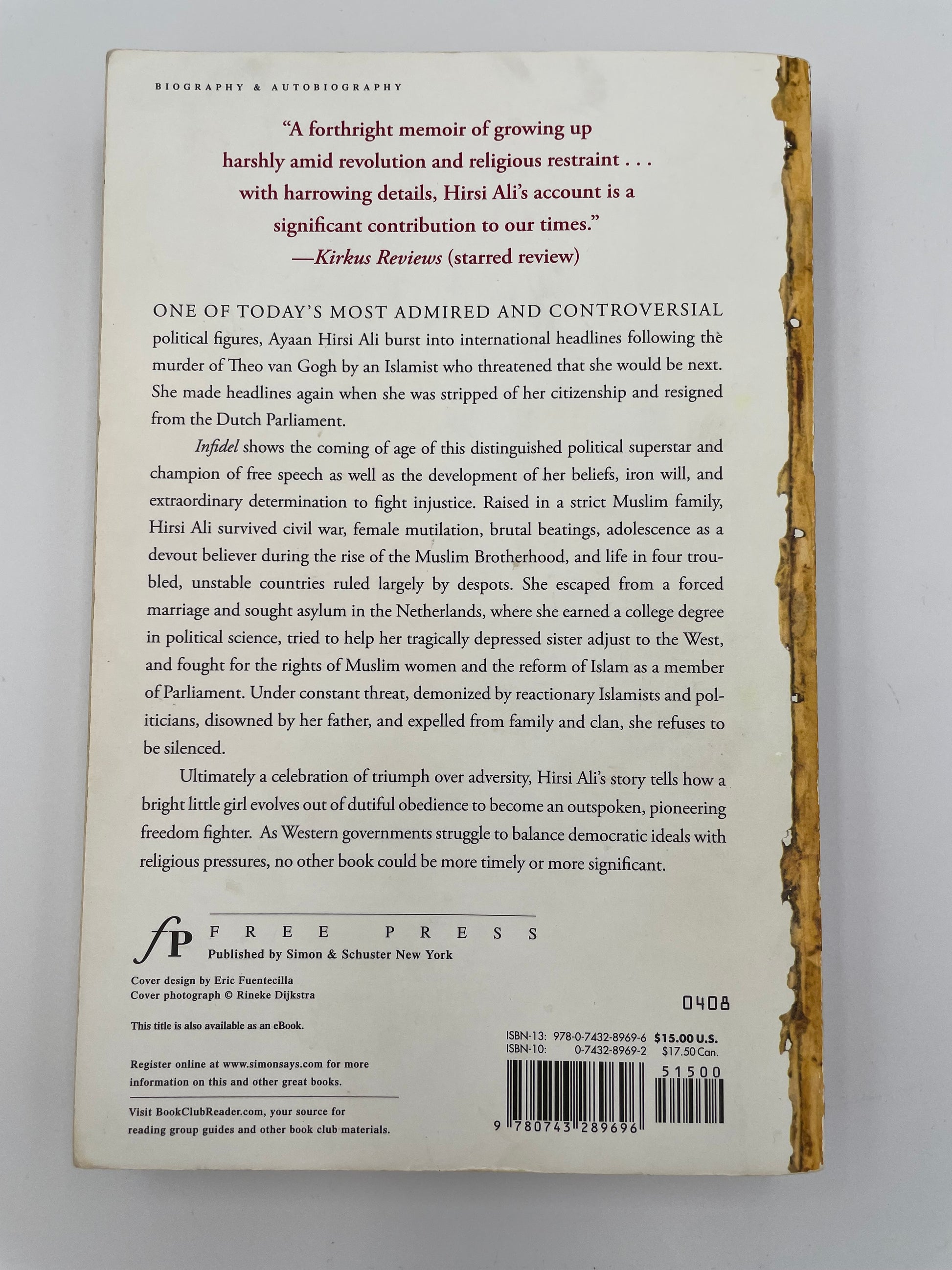 Back cover of ‘Infidel’ by Ayaan Hirsi Ali with text and a barcode on a white background