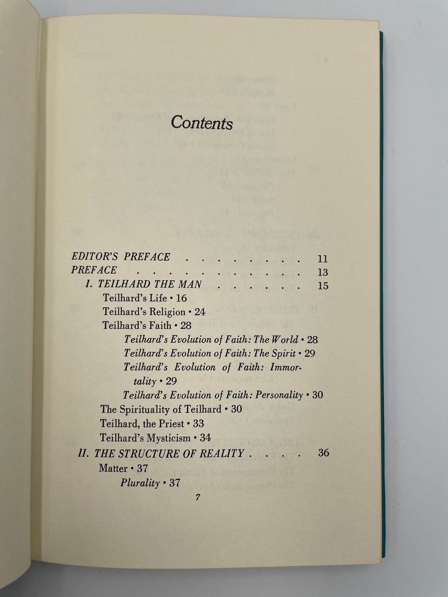 Contents page from 'Teilhard de Chardin'.