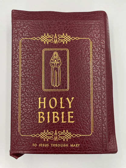 Maroon leather-bound Holy Bible with gold embossed text on a white background