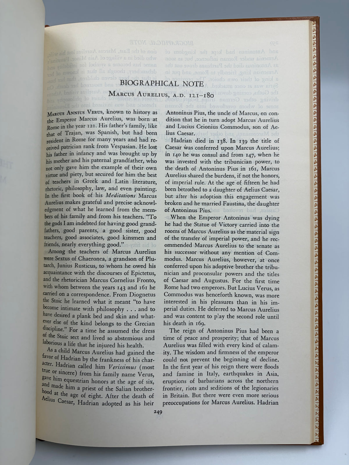 Page 249, Biographical Note page on Marcus Aurelius from the book 'Lucretius, Epictetus and Marcus Aurelius'.