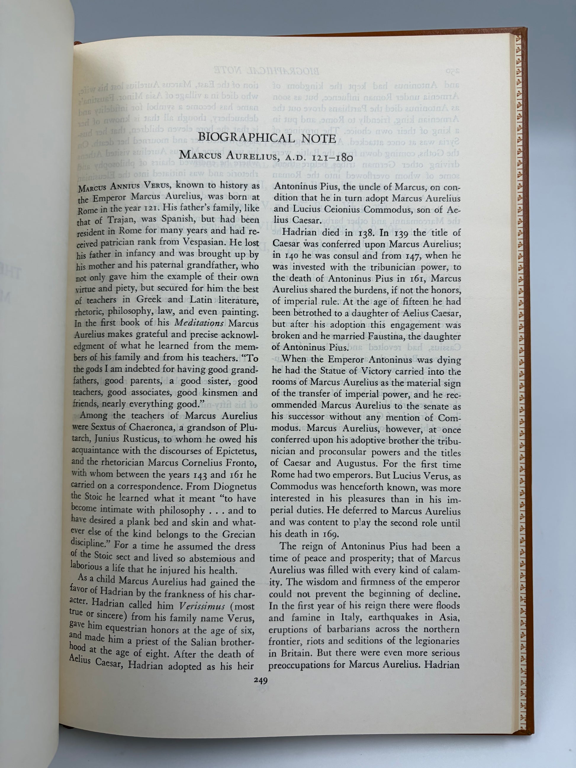 Page 249, Biographical Note page on Marcus Aurelius from the book 'Lucretius, Epictetus and Marcus Aurelius'.