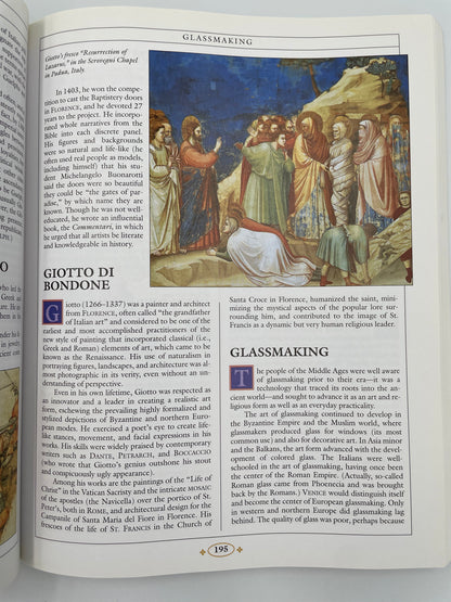 Page on Giotto Di Bondone an glassmaking  with illustration from "The Pimlico Encyclopedia of the Middle Ages" 