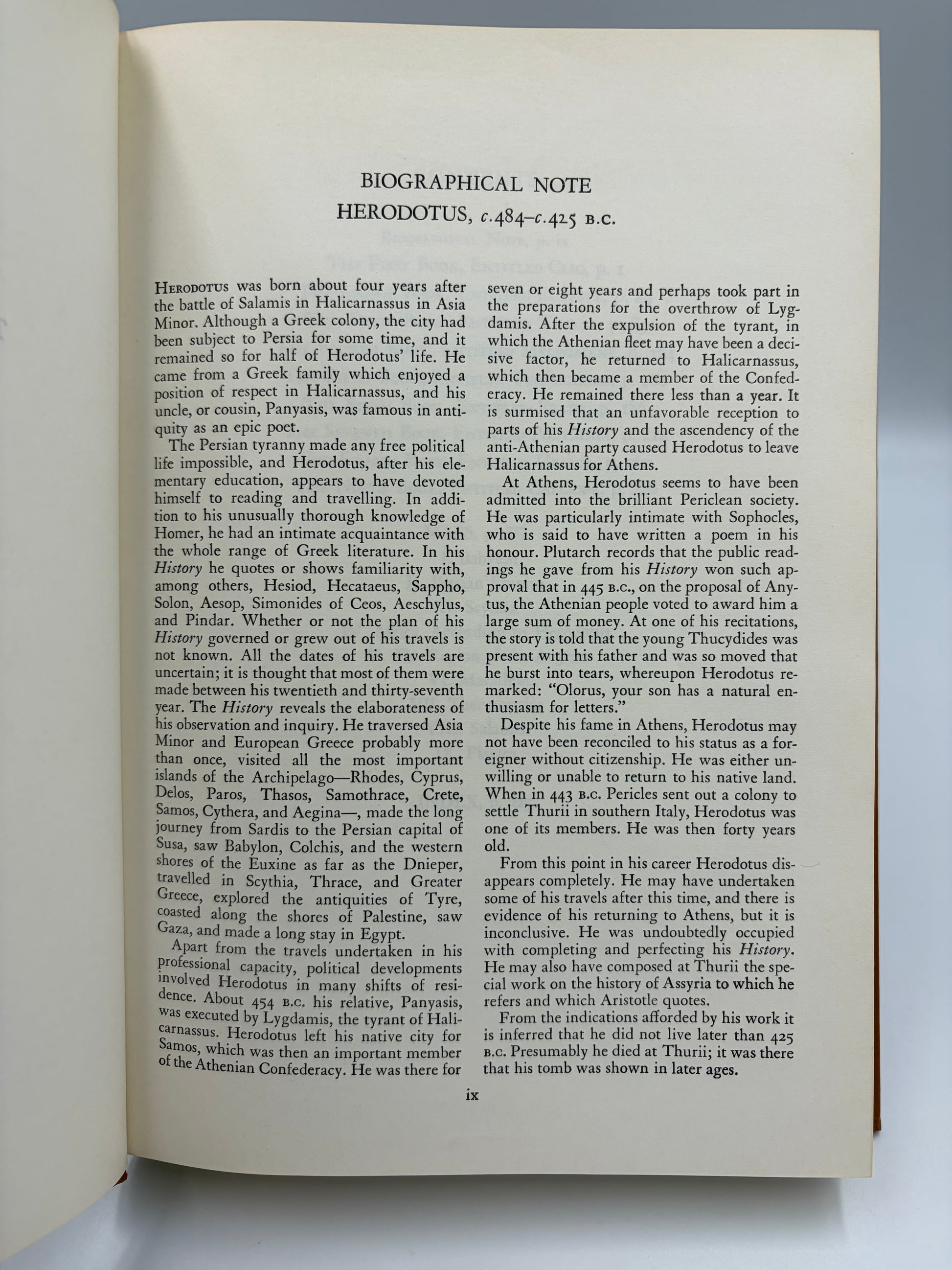 Biographical Note page on Herodotus from 'The History of Herodotus and The History of the Peloponnesian War'. 