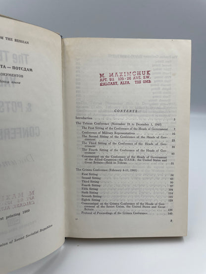 Contents page with orinal owner's stamp of "The Tehran Yalta and Potsdam Conferences; Documents" 