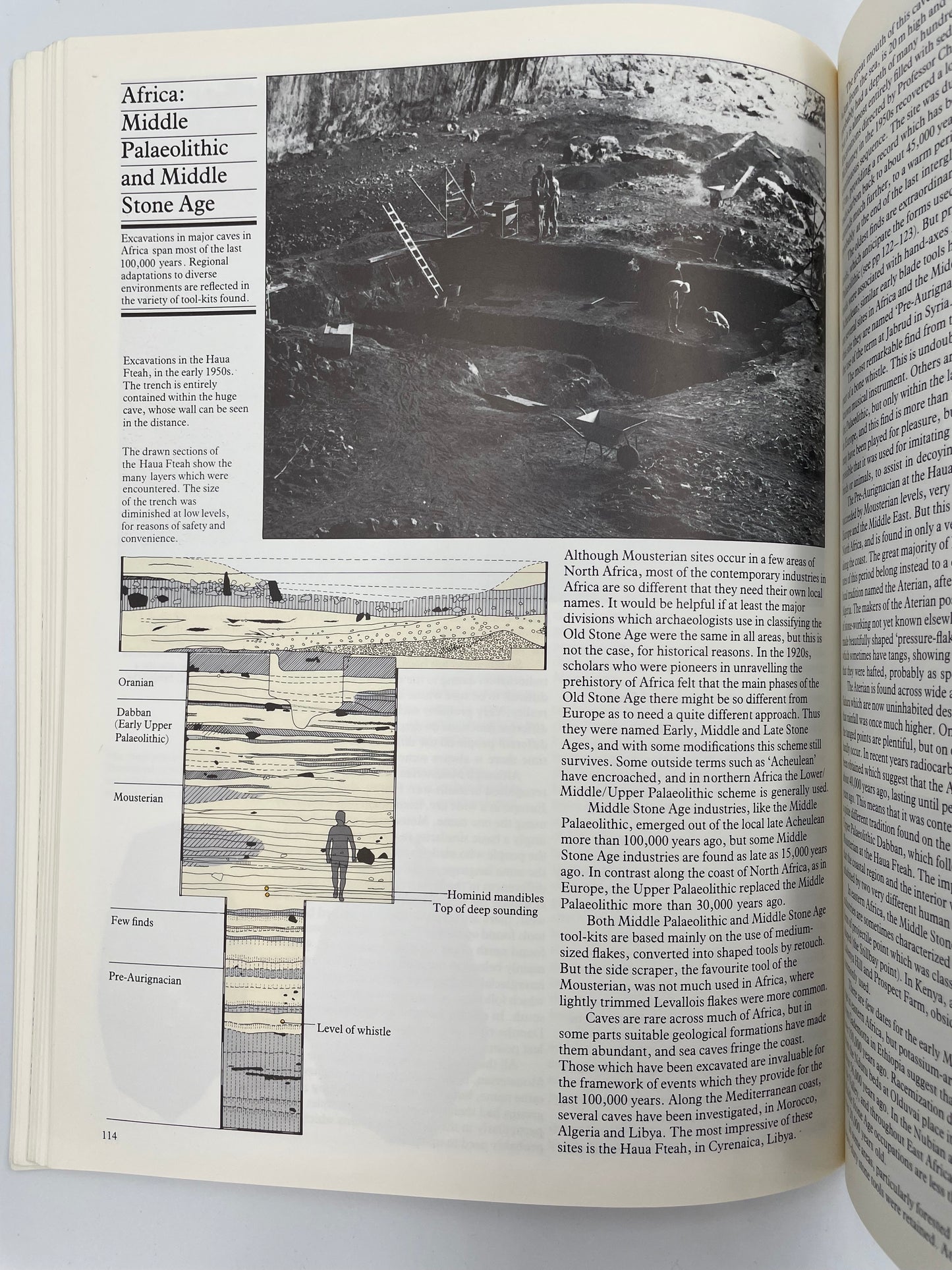 Page with image text and illustration about the Middle Palaeolithic and Stone Age in Africa from ‘Ascent to Civilization’ by John Gowlett.