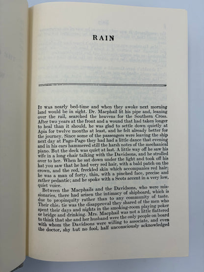 Open book with text from short story, 'The Rain' from 'The Complete Short Stories of W. Somerset Maugham' volume 1.