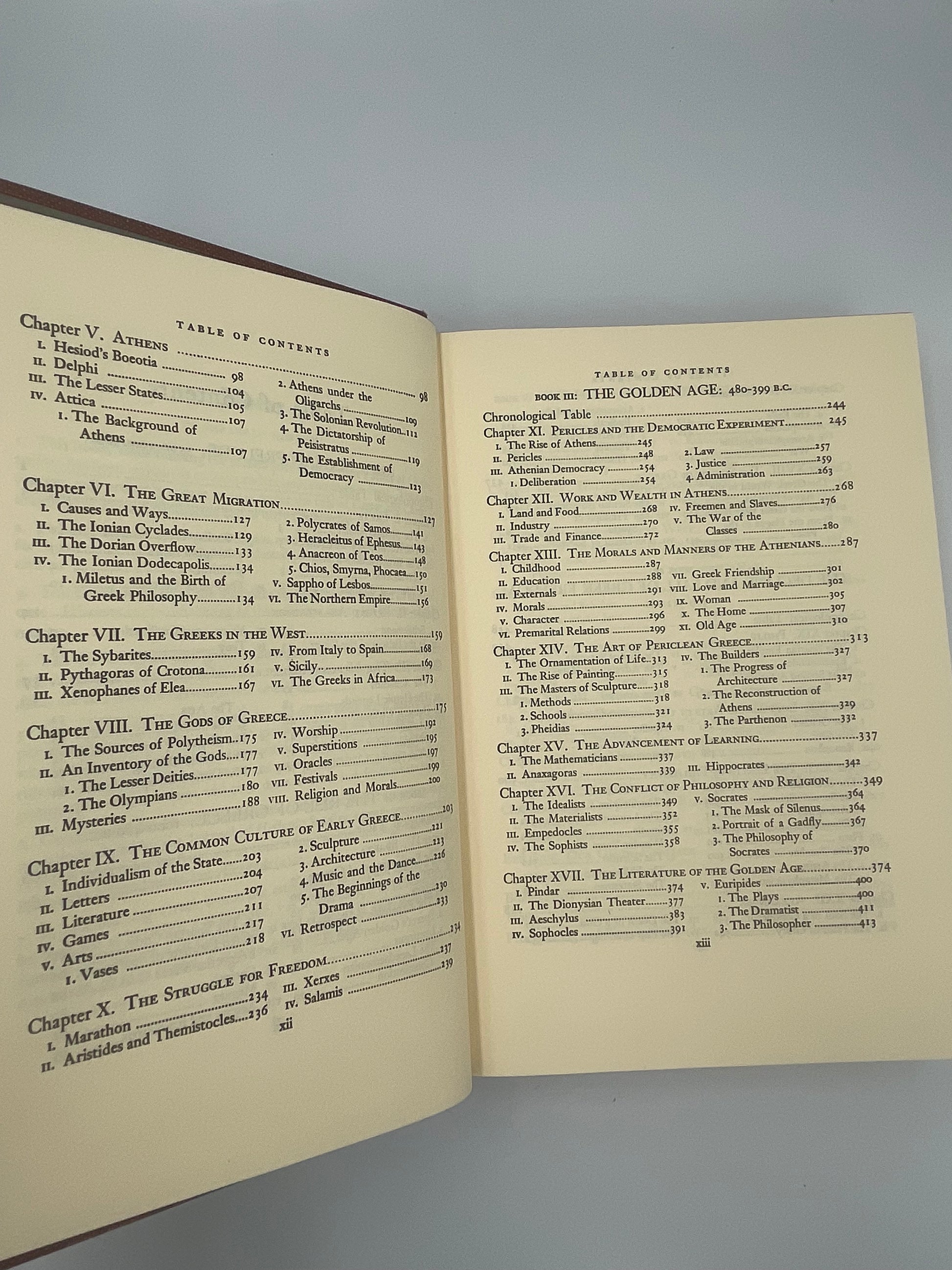 Table of contents pages continued from ‘The Life of Greece’ by Will Durant 