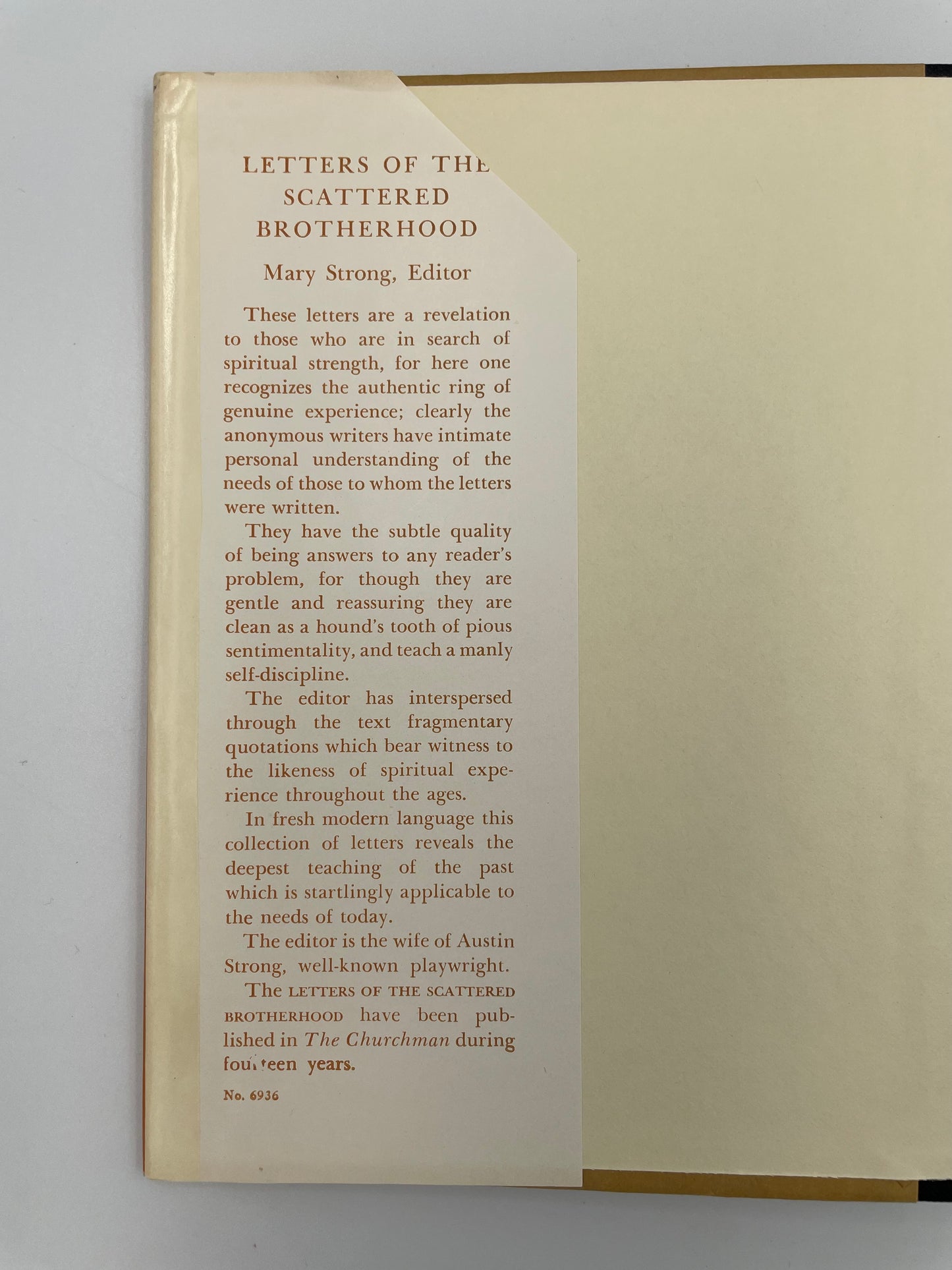 Inside dust jacket text from book ‘Letters of the Scattered Brotherhood’. Edited by Mary Strong‘.