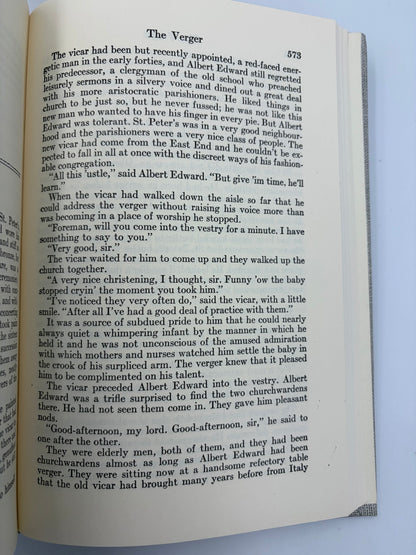 Open book with text (continued) from the short story 'The Verger' from Table of contents page from 'The Complete Short Stories of W. Somerset Maugham' Volume 2.